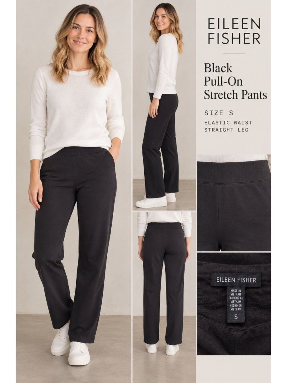 Eileen Fisher Black pull-on stretch pants with an elastic waist straight leg S